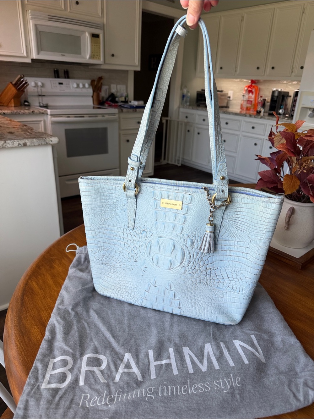 Brahmin Light Blue Croc-Embossed Leather Shoulder Tote